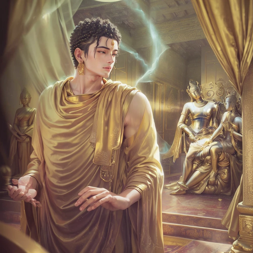 painting of a person in a golden robe standing in a room, buddhism, the buddha, ashoka tano, buddha, buddhist, samsara, beautiful depiction, buddhist art, historical artistic depiction, artistic depiction, sharandula, artist unknown, beautiful image, in a temple, inspiring art, attractive male deity, by John Moonan, karma sutra