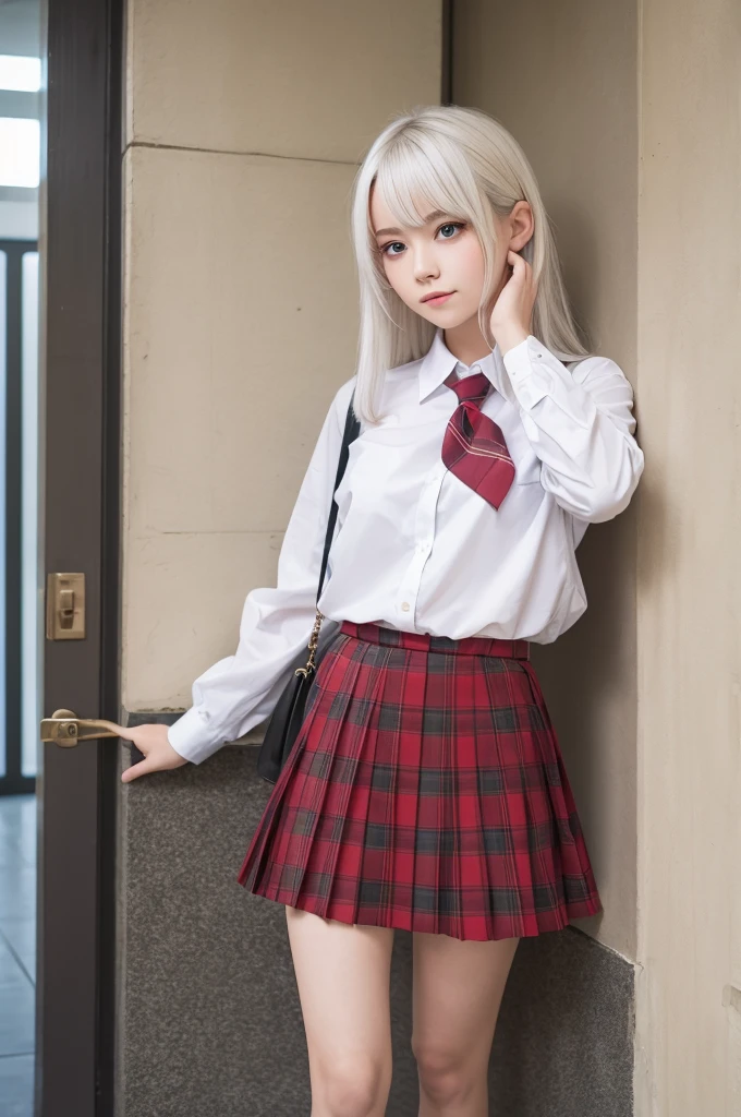 A beautiful young woman with white hair and red eyes, wearing a . Her body is adorned with doodle-like drawings and sketches. BREAK A youthful, school girl-inspired outfit with a collared shirt, skirt, and socks. BREAK The woman is standing in a casual, relaxed pose, facing the camera directly. BREAK The setting is an unspecified school or educational environment, with hints of mundane, skirt lift pussy juice  everyday 