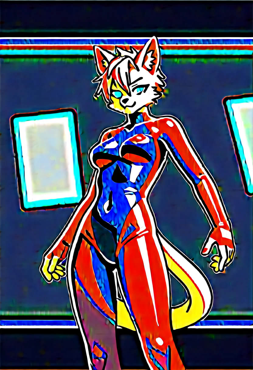 animation, Highest quality, Highest quality, High quality illustrations, masterpiece, Ultra-high resolution, Detailed Background, cyber cafe, Graffiti art on the wall, Absurd, Perfect Anatomy, performance, Good lighting, Shadows in the movies(kemono, Furry PersonifiCation), Cat, Blueskin, Red Rubber Suit, latex, neon, neonライト, neonカラー, Racing Suits, Cyber Suit, cyber punk