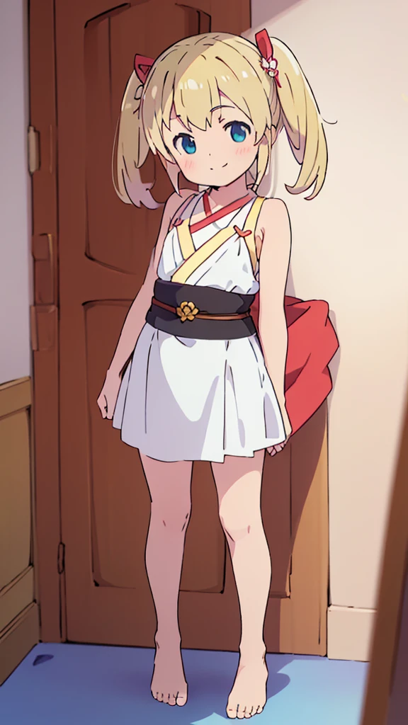 ((masterpiece))((Highest quality))girl、smile、blush、Flat Chest、Are thin、Blonde Hair、blush、Are standing、Whole body image、Even your toes are visible、Eye level on face、front、No background、真frontのアングル、Miko costume、Twin tails