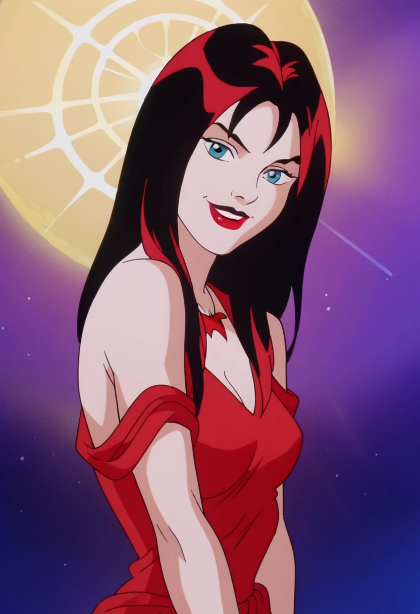 score_9, score_8_up, score_7_up, zPDXL, Thornhex, black hair, red highlights , SD90style, retro artstyle, source_cartoon, 2D, 1girl, red nails, blue eyes, red lips, nude, long hair, looking at viewer, breasts, lipstick, makeup, smile 