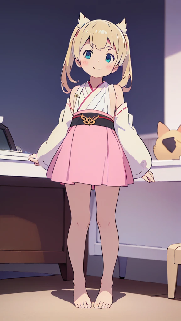 ((masterpiece))((Highest quality))girl、smile、blush、Flat Chest、Are thin、Blonde Hair、blush、Are standing、Whole body image、Even your toes are visible、Eye level on face、front、No background、真frontのアングル、Miko costume、Twin tails