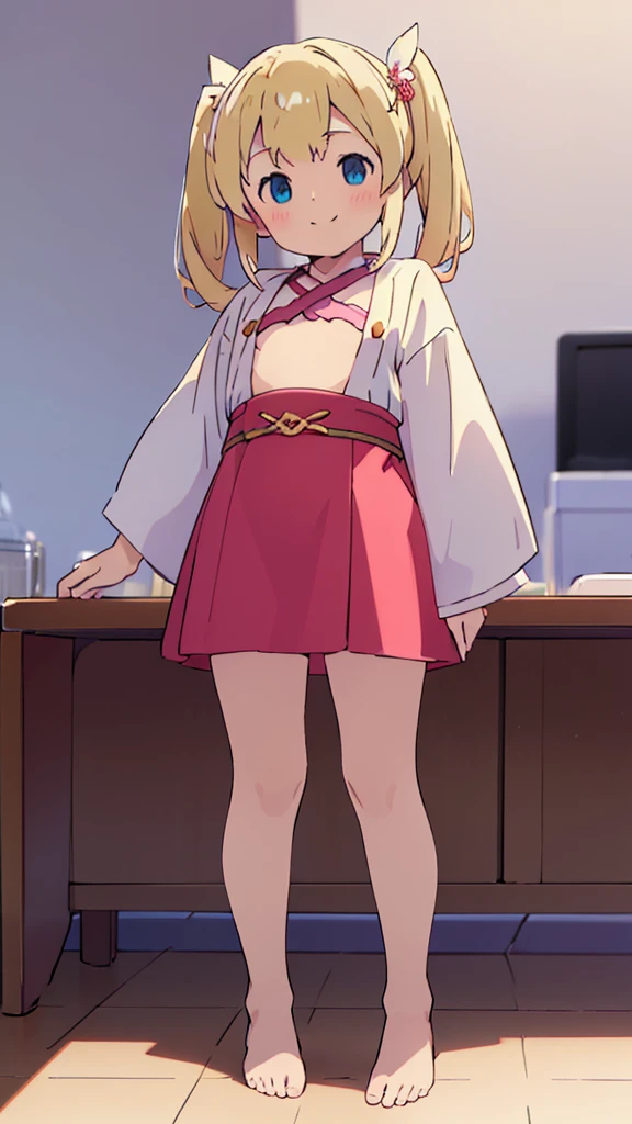 ((masterpiece))((Highest quality))girl、smile、blush、Flat Chest、Are thin、Blonde Hair、blush、Are standing、Whole body image、Even your toes are visible、Eye level on face、front、No background、真frontのアングル、Miko costume、Twin tails