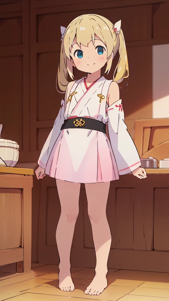 ((masterpiece))((Highest quality))girl、smile、blush、Flat Chest、Are thin、Blonde Hair、blush、Are standing、Whole body image、Even your toes are visible、Eye level on face、front、No background、真frontのアングル、Miko costume、Twin tails