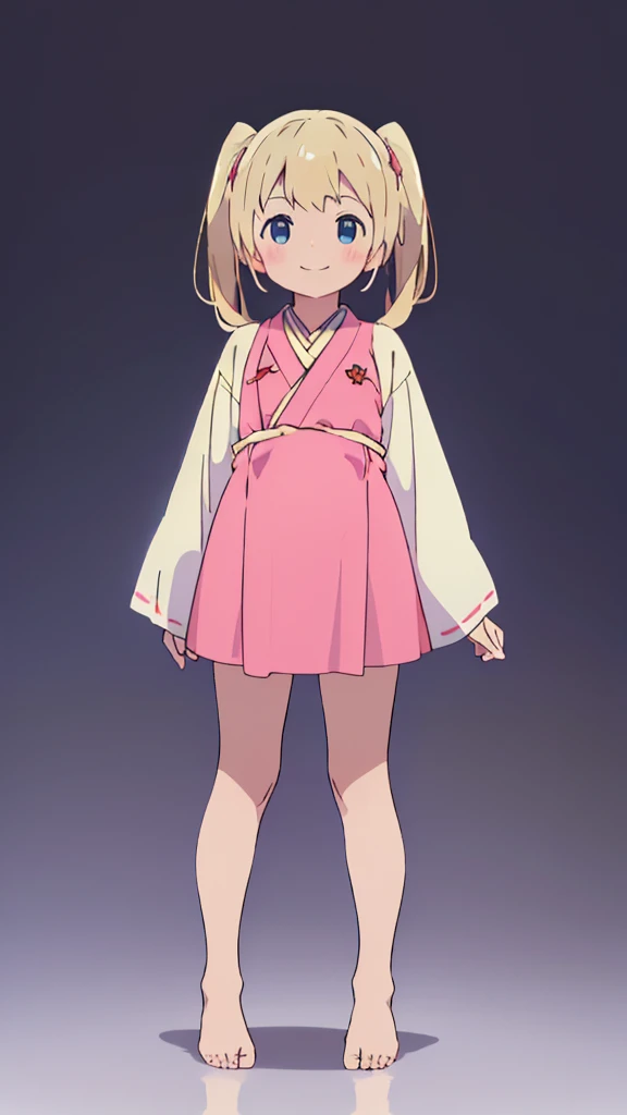 ((masterpiece))((Highest quality))girl、smile、blush、Flat Chest、Are thin、Blonde Hair、blush、Are standing、Whole body image、Even your toes are visible、Eye level on face、front、No background、真frontのアングル、Miko costume、Twin tails