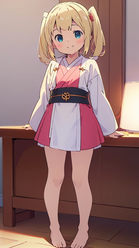 ((masterpiece))((Highest quality))girl、smile、blush、Flat Chest、Are thin、Blonde Hair、blush、Are standing、Whole body image、Even your toes are visible、Eye level on face、front、No background、真frontのアングル、Miko costume、Twin tails