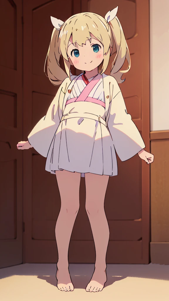 ((masterpiece))((Highest quality))girl、smile、blush、Flat Chest、Are thin、Blonde Hair、blush、Are standing、Whole body image、Even your toes are visible、Eye level on face、front、No background、真frontのアングル、Miko costume、Twin tails