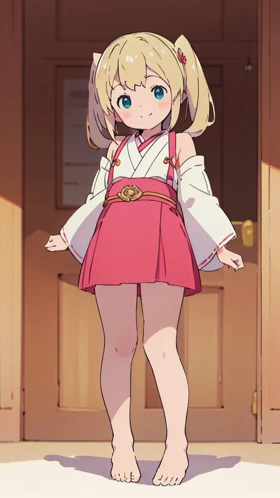 ((masterpiece))((Highest quality))girl、smile、blush、Flat Chest、Are thin、Blonde Hair、blush、Are standing、Whole body image、Even your toes are visible、Eye level on face、front、No background、真frontのアングル、Miko costume、Twin tails