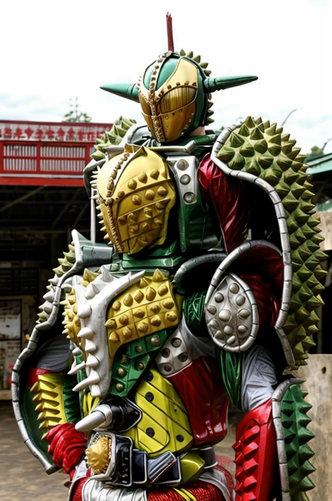 ((best quality)), ((masterpiece)), (detailed), kamen rider durian. sell a durian. at market