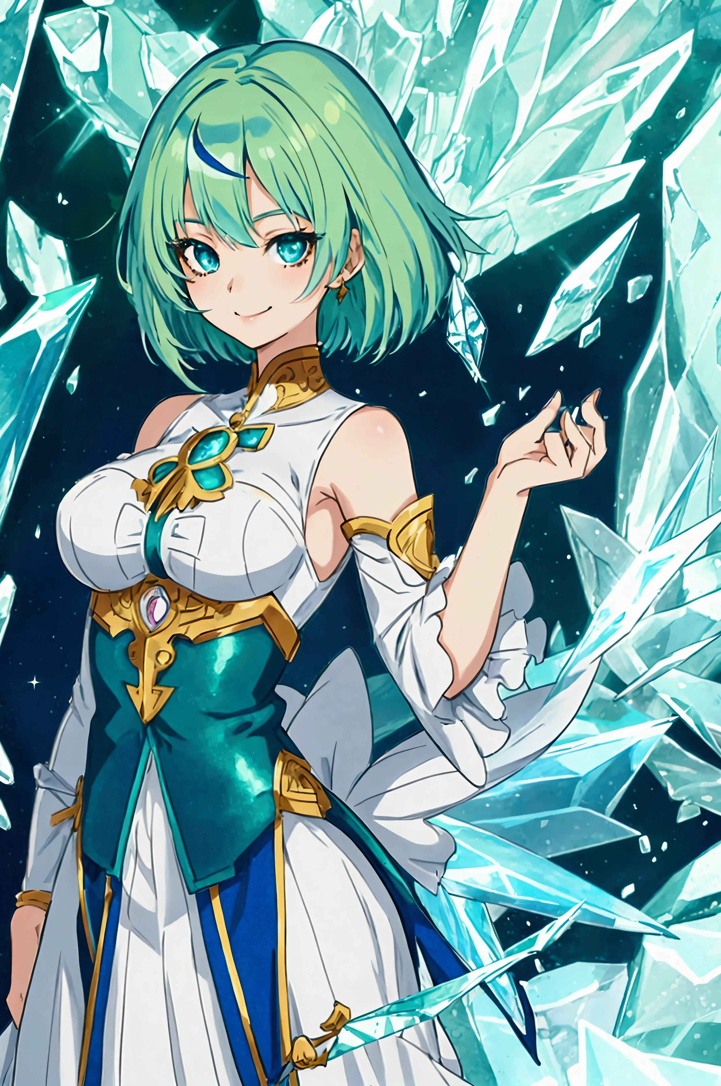 Super detailed face, cute eyes, shy, frontal shot,.Blue green hair anime woman, anime style, young anime woman, smile, semi short hair, digital anime illustration, bangs, crystal hair, shiny hair