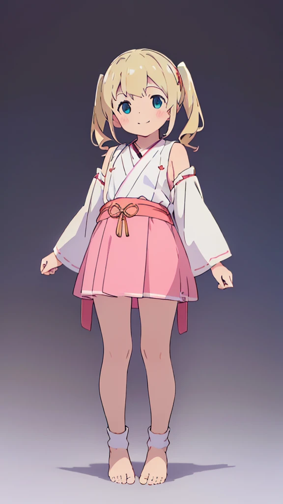 ((masterpiece))((Highest quality))girl、smile、blush、Flat Chest、Are thin、Blonde Hair、blush、Are standing、Whole body image、Even your toes are visible、Eye level on face、front、No background、真frontのアングル、Miko costume、Twin tails