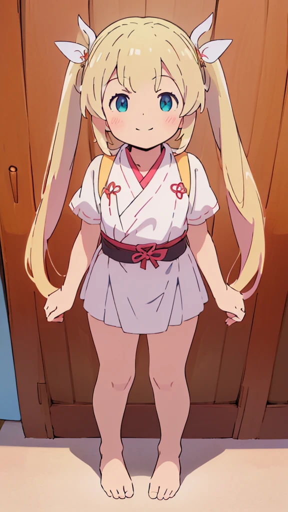 ((masterpiece))((Highest quality))girl、smile、blush、Flat Chest、Are thin、Blonde Hair、blush、Are standing、Whole body image、Even your toes are visible、Eye level on face、front、No background、真frontのアングル、Miko costume、Twin tails