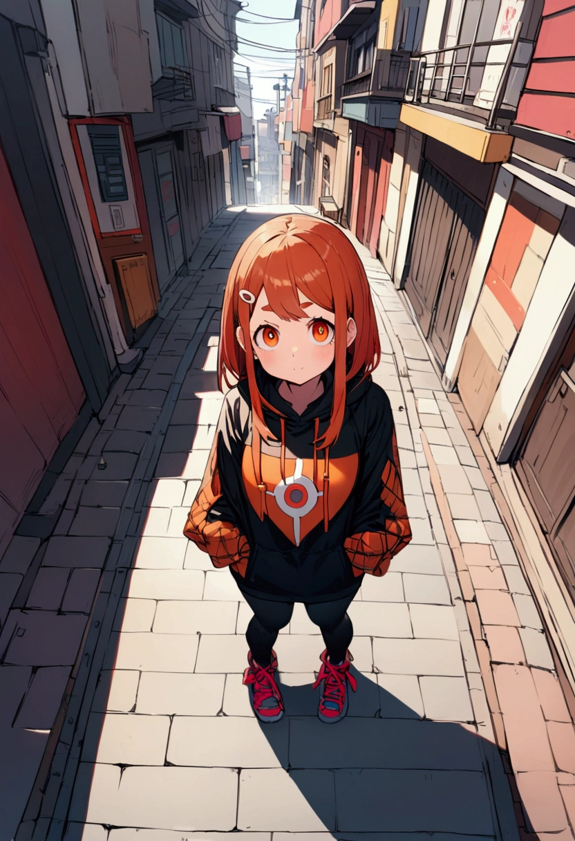 ochako, street ware clothes, full body standing, fish eye linse from above.