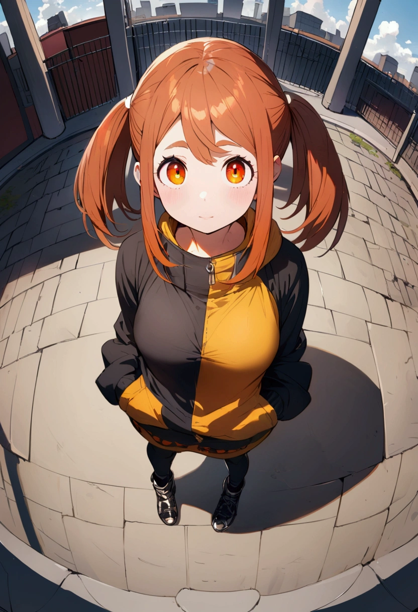 ochako, street ware clothes, full body standing, fish eye linse from above.