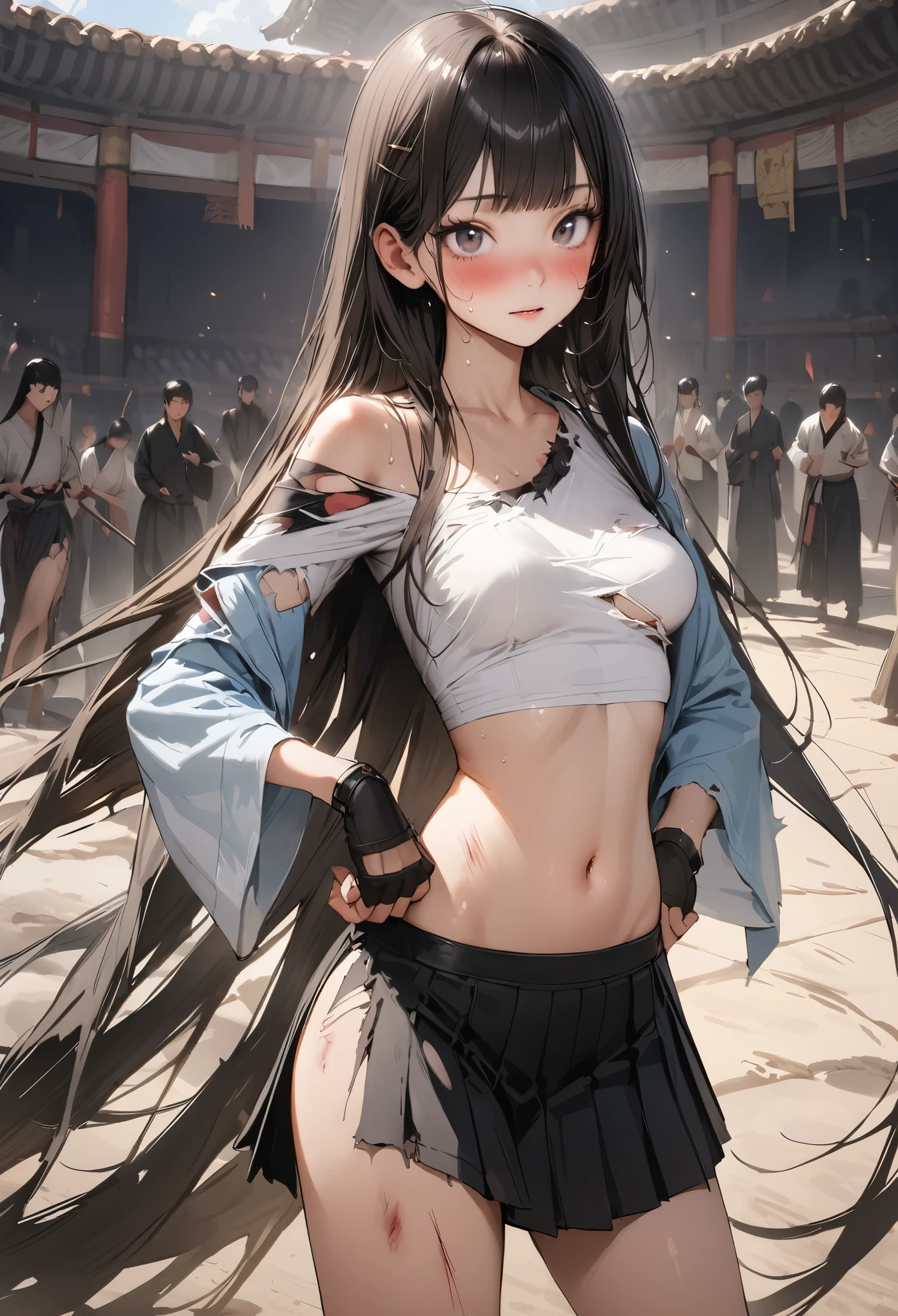 ((masterpiece,Highest quality:1.3,best quality illustration)),(realistic),cowboy shot,独奏,1woman,18 year old beauty,black hair,long hair,bangs,black eyes,gorgeous big eyes,((very small head:1.3)),blush,((very long body:1.2,skinny)),medium breasts,(Injury:1.3、Torn clothing:1.3)、White tube top shirt、navel、(Black pleated mini skirt),Brown leather fingerless gloves、sweat,in heat,gleaming skin,toned body,slender body、Martial arts stance,standing,Martial Arts Matches、amphitheater、