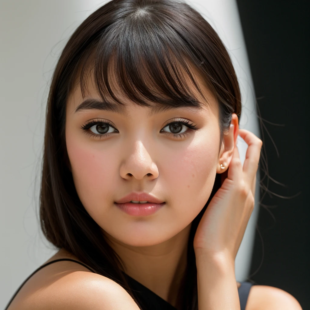 young girl, Asian girl with dark brown hair, big breast, she is dressed in elegant black dress, photo taken on a white background. Ultra-high resolution, (photorealistic: 1.4), high resolution, (brown eyes), (finely detailed skin), (perfectly proportioned) (photo realistic) (masterpiece) (photorealistic), ultrarealistic (Best Quality) (Detailed) photographed in a Canon EOS R5, 50mm Lens, F/2.8, (8K) (Wallpaper) (Natural lighting) (Convoluted) Fashion