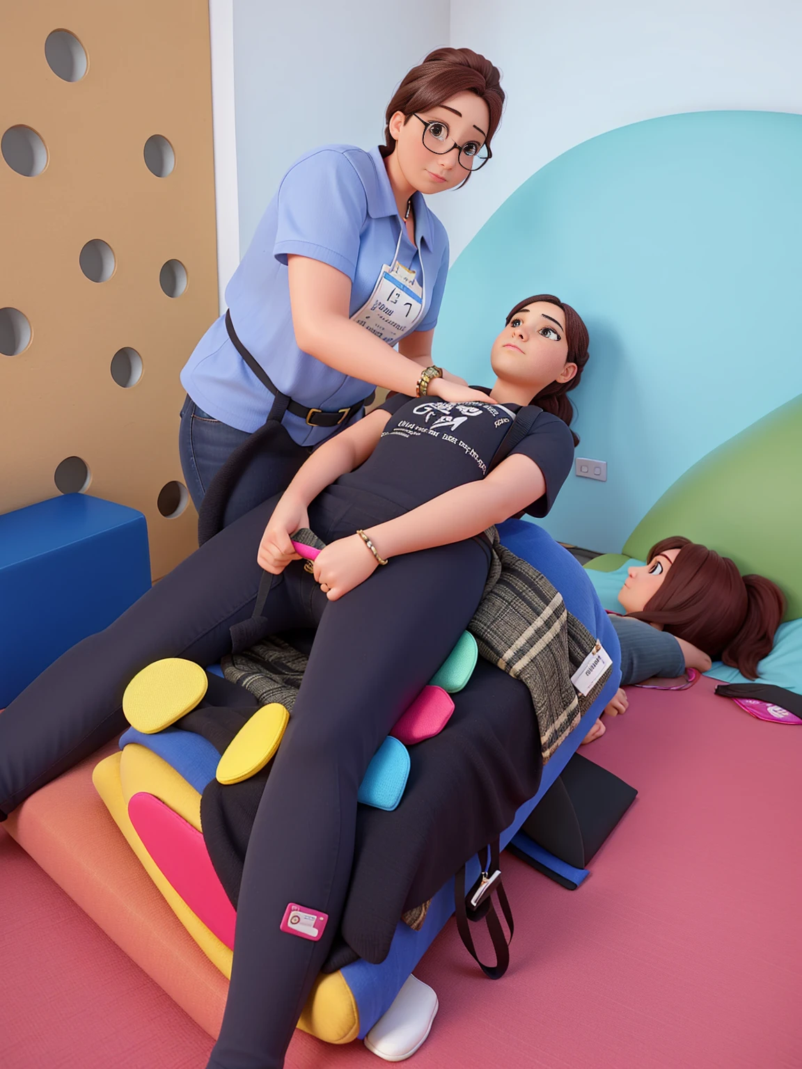 2 women, one helping the other who is lying down