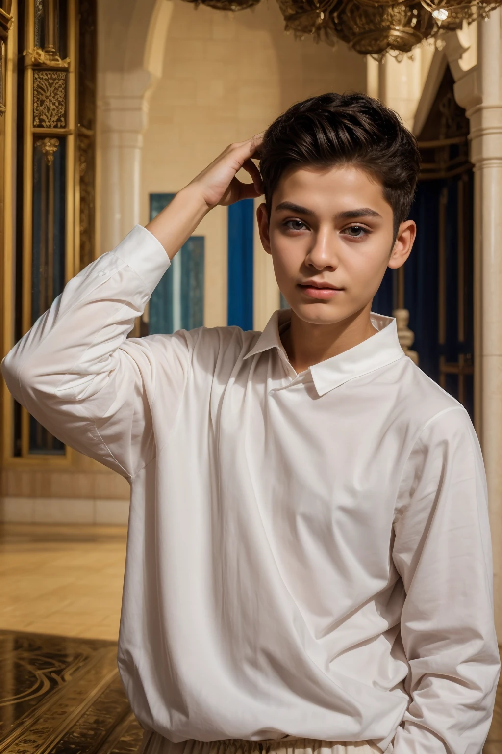 A young male twink with a make-up face and black hair. He is wearing a white long-sleeved shirt and brown pants. He is in Mecca and he looks proudly.