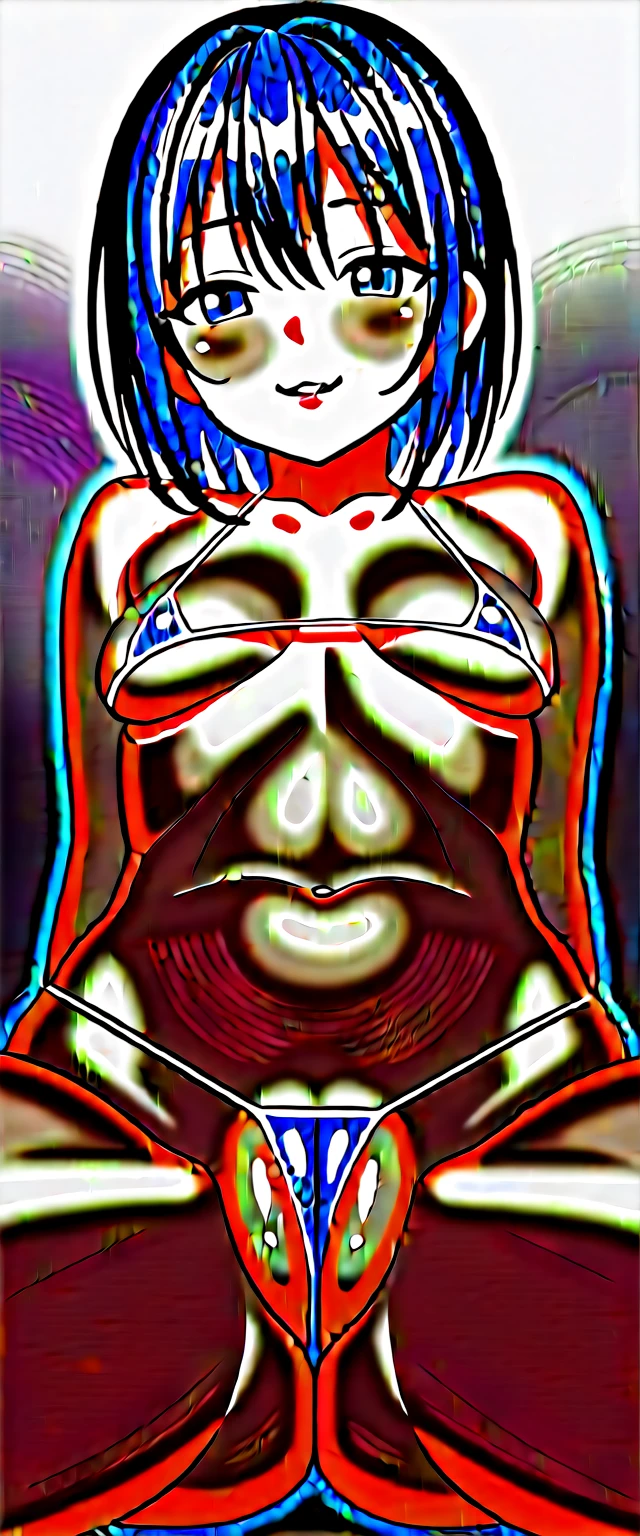 Black Hair 、short hair、Ahegao Double Peace、smile、Acme Face、rolling eyes,Completely naked、Small breasts、Huge nipples,Puffy nipples、((Long nipples:1.2))Squat,Spread your legs,((Trembling with sexual climax:1.5))、Girl shows pussy,((Micro Bikini))、clitoris