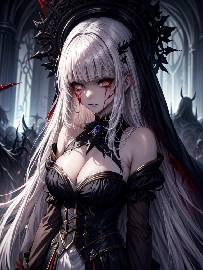 (masterpiece,Highest quality), solo,A white-haired woman is holding a candle,Anime Skull Woman Portrait,Beautiful Necromancer girl,Beautiful girl necromancer,,Smokey, Flowing white hair,Critical Eyes,Pale skin,Black eyeshadow,Black blood and tears,Two fangs exposed,Gothic Girl Anime Characters,Beautiful Necromancer,gothic fantasy art,Dark fantasy art, White-haired God,Retrato de um Female Necromancer,Female Necromancer,Goddess of Death,Dark atmosphere lighting,The light shines,Mysteriouagic,Edge Light, (Blood splatter:1.5)