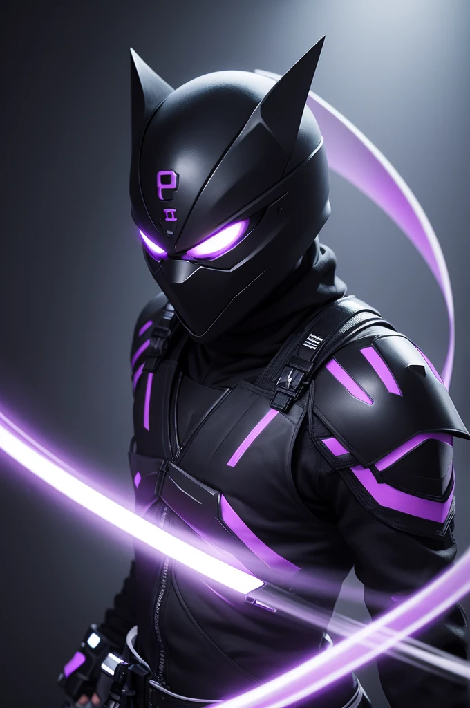 Create a technological dark ninja with white colors, black and purple