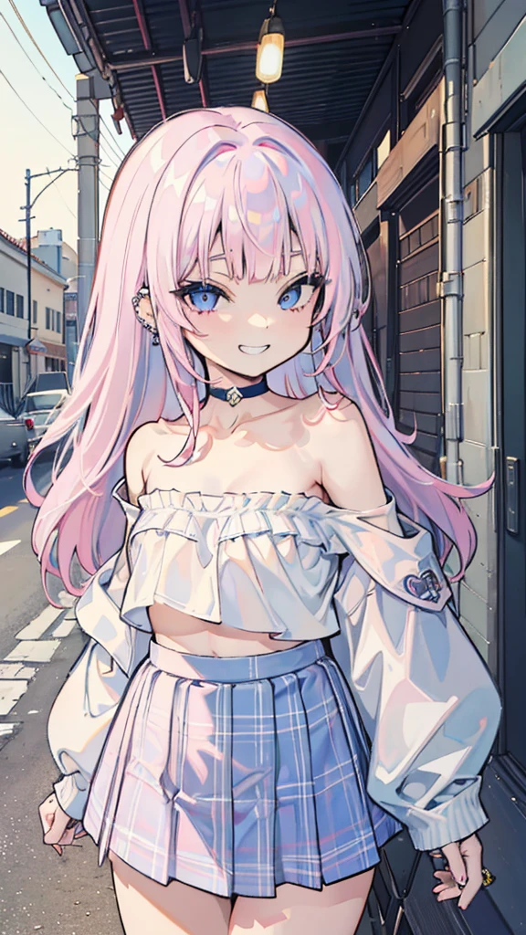 ((masterpiece、Highest quality、Very detailed))、One girl、Pink Hair、Long Hair、blunt bangs、hime cut、Light blue eyes、evil smile、((Grin))、((lots of piercings))、Small breasts、((White tight t-shirt))、((Off the shoulder))、Strapless、belly button、((light blue plaid プリーツスカート))、((skirt lift))、((white panties))、Cowboy Shot、Alley Background