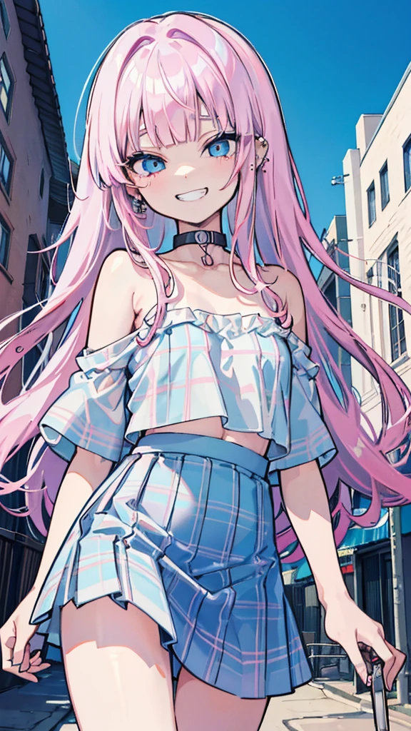 ((masterpiece、Highest quality、Very detailed))、One girl、Pink Hair、Long Hair、blunt bangs、hime cut、Light blue eyes、evil smile、((Grin))、((lots of piercings))、Small breasts、((White tight t-shirt))、((Off the shoulder))、Strapless、belly button、((light blue plaid プリーツスカート))、((skirt lift))、((white panties))、Cowboy Shot、Alley Background