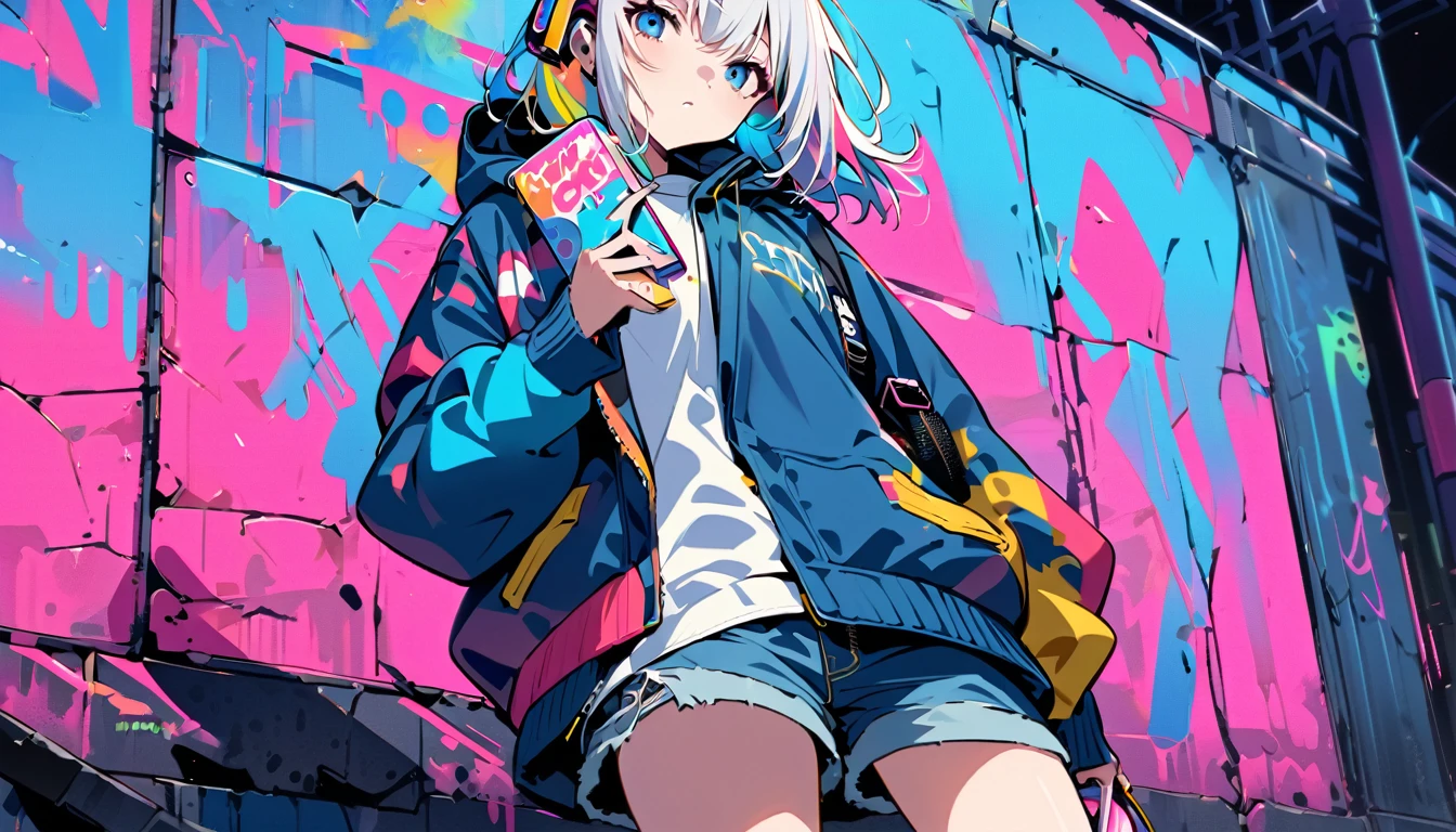 HD 8k Handsome sexy cute, Solitary, 1 female, Medium Length Hair, white hair, Rainbow hair, blue Eyes, Rainbow headphone, hoodie, colored hoodie, denim shorts, sneakers, Human focus, outdoor, blue night sky, graffiti Popularity spray art wall, background is NEON Tokyo, “holding a cassette tape in the right hand