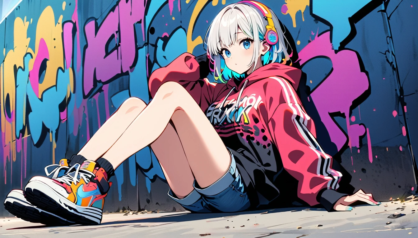 HD 8k Handsome sexy cute, Solitary, 1 female, Medium Length Hair, white hair, Rainbow hair, blue Eyes, Rainbow headphone, hoodie, colored hoodie, denim shorts, sneakers, Human focus, outdoor, blue night sky, graffiti Popularity spray art wall, background is NEON Tokyo, “holding a cassette tape in the right hand