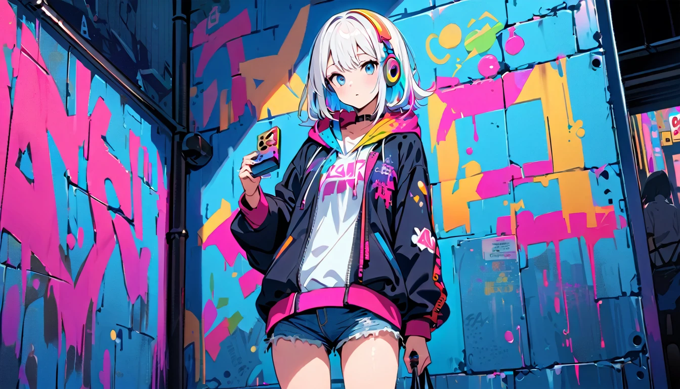 HD 8k Handsome sexy cute, Solitary, 1 female, Medium Length Hair, white hair, Rainbow hair, blue Eyes, Rainbow headphone, hoodie, colored hoodie, denim shorts, sneakers, Human focus, outdoor, blue night sky, graffiti Popularity spray art wall, background is NEON Tokyo, “holding a cassette tape in the right hand