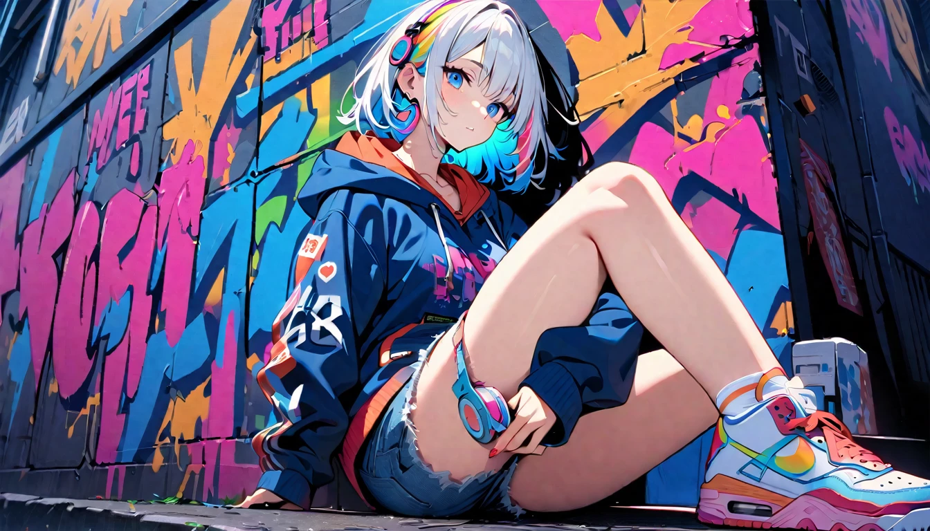 HD 8k Handsome sexy cute, Solitary, 1 female, Medium Length Hair, white hair, Rainbow hair, blue Eyes, Rainbow headphone, hoodie, colored hoodie, denim shorts, sneakers, Human focus, outdoor, blue night sky, graffiti Popularity spray art wall, background is NEON Tokyo, “holding a cassette tape in the right hand