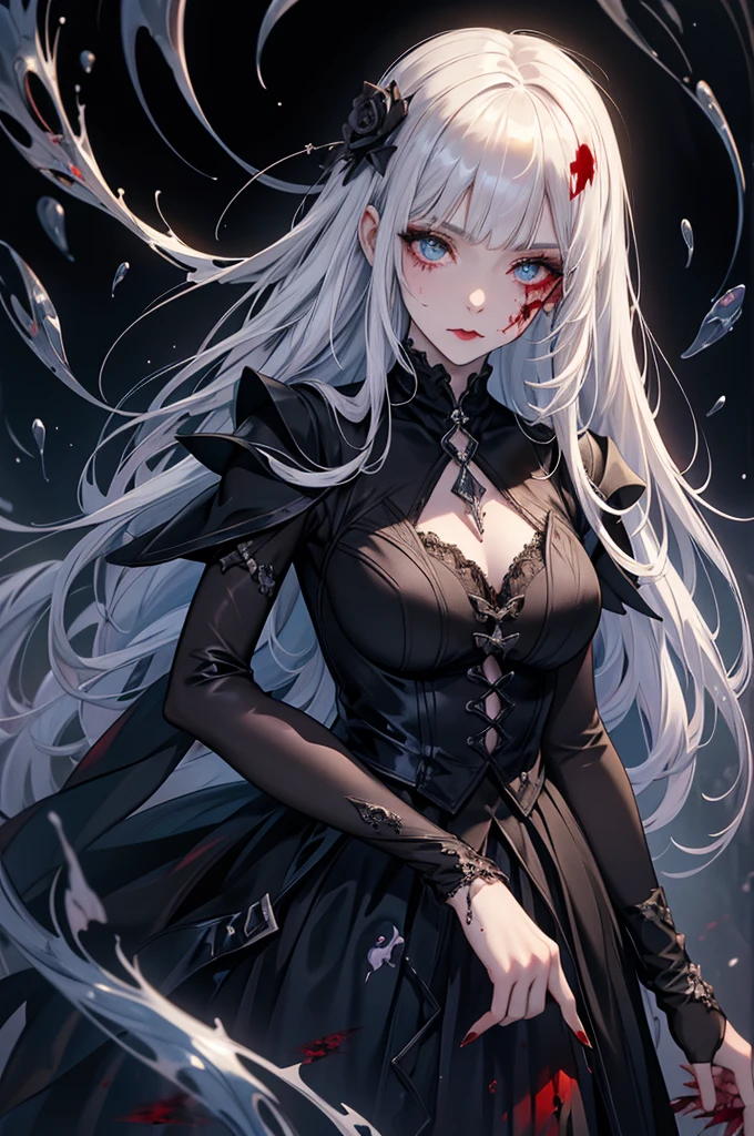 (masterpiece,Highest quality), solo,A white-haired woman is holding a candle,Anime Skull Woman Portrait,Beautiful Necromancer girl,Beautiful girl necromancer,,Smokey, Flowing white hair,Critical Eyes,Pale skin,Black eyeshadow,Black blood and tears,Two fangs exposed,Gothic Girl Anime Characters,Beautiful Necromancer,gothic fantasy art,Dark fantasy art, White-haired God,Retrato de um Female Necromancer,Female Necromancer,Goddess of Death,Dark atmosphere lighting,The light shines,Mysteriouagic,Edge Light, (Blood splatter:1.5)