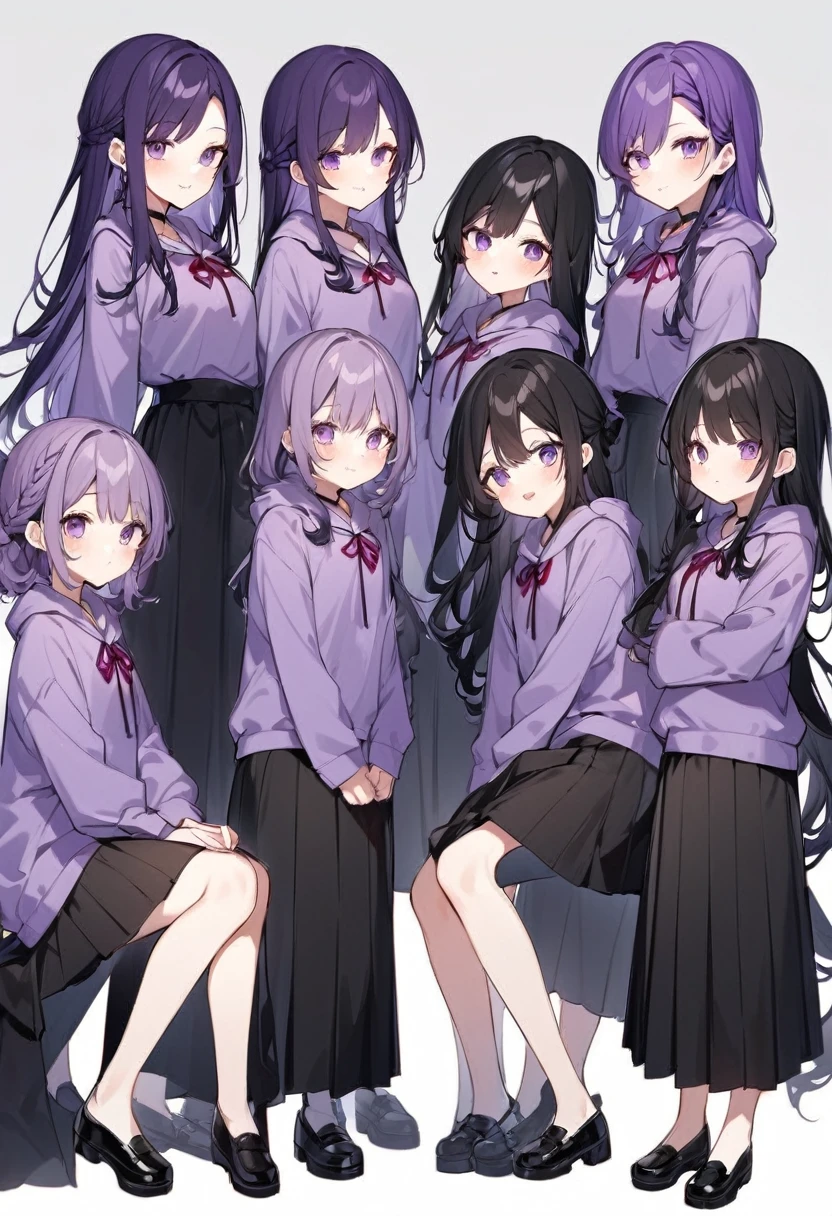 Keito。Purple hoodie。Black Skirt。Purple Eyes。Black Hair。Black shoes下。Black shoes。six sistery eldest daughter has lavender hair.。all female。Sextuplets。