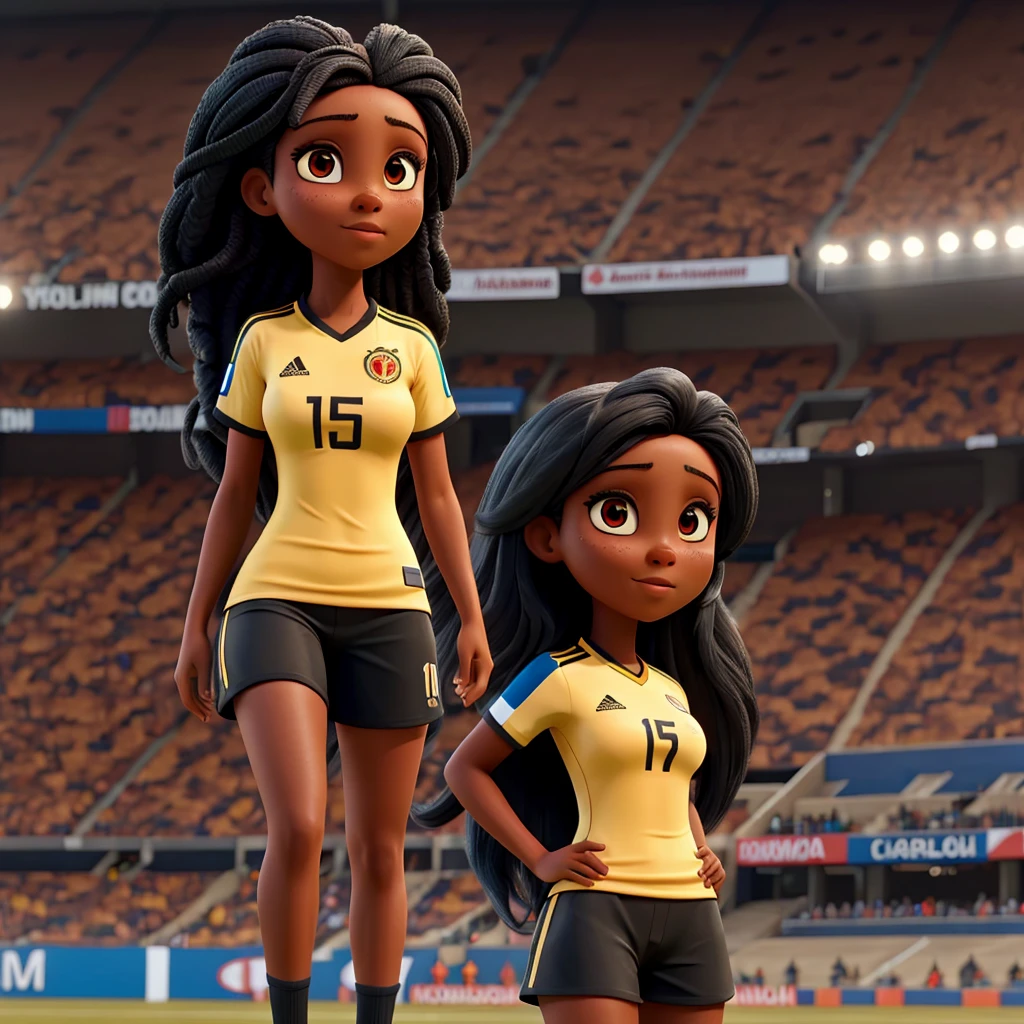 Woman with long black hair and dark skin in a soccer stadium wearing a Colombia shirt that says Yuryk