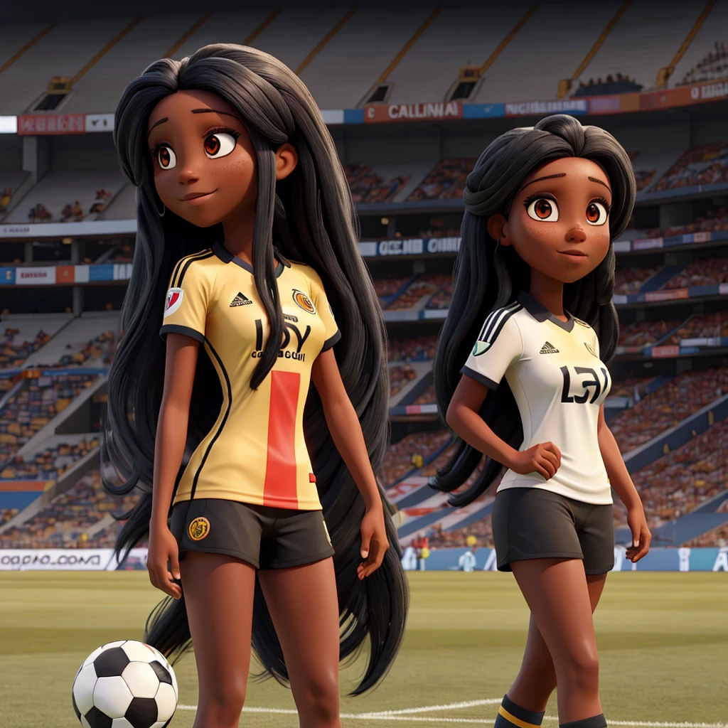 Woman with long black hair and dark skin in a soccer stadium wearing a Colombia shirt that says Yuryk