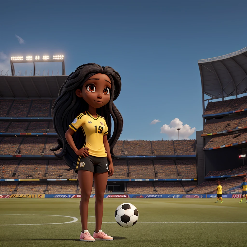 Woman with long black hair and dark skin in a soccer stadium wearing a Colombia shirt that says Yuryk