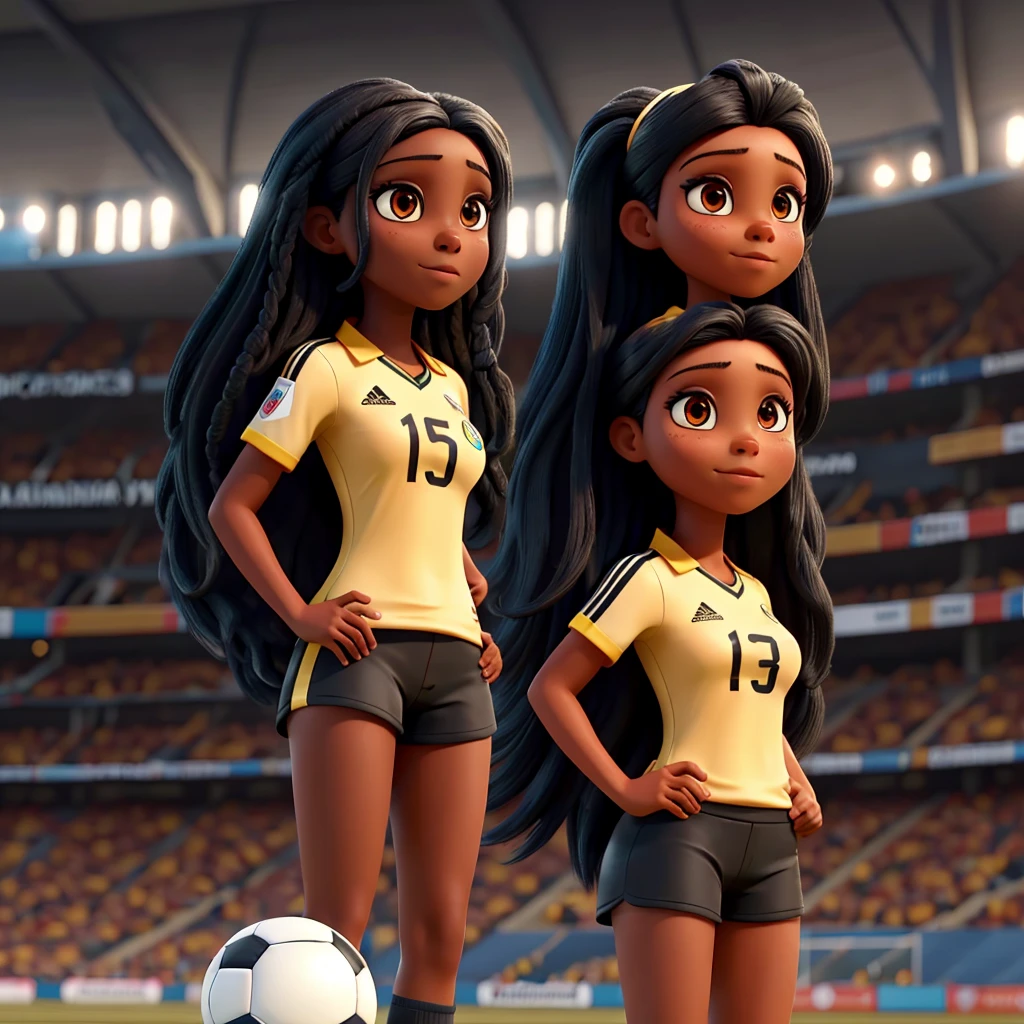 Woman with long black hair and dark skin in a soccer stadium wearing a Colombia shirt that says Yuryk