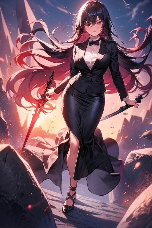 best quality, 1girl, angry business woman holding a steel sword, black business suit, black midi pencil skirt, black blazer, heels, looking at viewer, full body, long red hair, garden, stone wall
