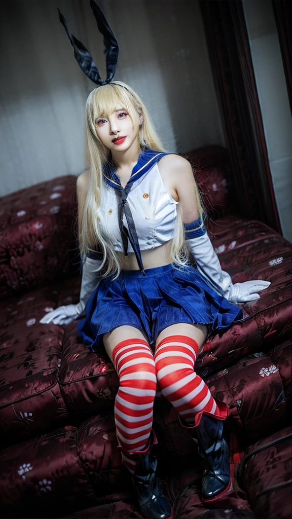 shimakaze,shimakaze \\(kancolle\\),elbow gloves,striped thighhighs,blue pleated skirt,boots,Blonde,20-year-old, 8K, RAW Portrait (Japanese Girls), photo Realistic, Ultra-high resolution, Highest quality, Actual photo , dramatic, Atmospheric, Realistic,One girl, a very beautiful Japanese Girls, Glamorous shot of a girl, Textured skin, Mouth closed, lips,Big and beautiful eyes, Beautifully detailed nose, Upper Body,Seaside,Big Breasts,
View your viewers, 