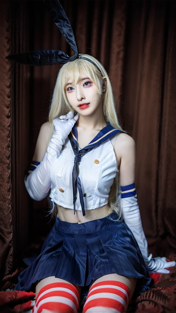 shimakaze,shimakaze \\(kancolle\\),elbow gloves,striped thighhighs,blue pleated skirt,boots,Blonde,20-year-old, 8K, RAW Portrait (Japanese Girls), photo Realistic, Ultra-high resolution, Highest quality, Actual photo , dramatic, Atmospheric, Realistic,One girl, a very beautiful Japanese Girls, Glamorous shot of a girl, Textured skin, Mouth closed, lips,Big and beautiful eyes, Beautifully detailed nose, Upper Body,Seaside,Big Breasts,
View your viewers, 