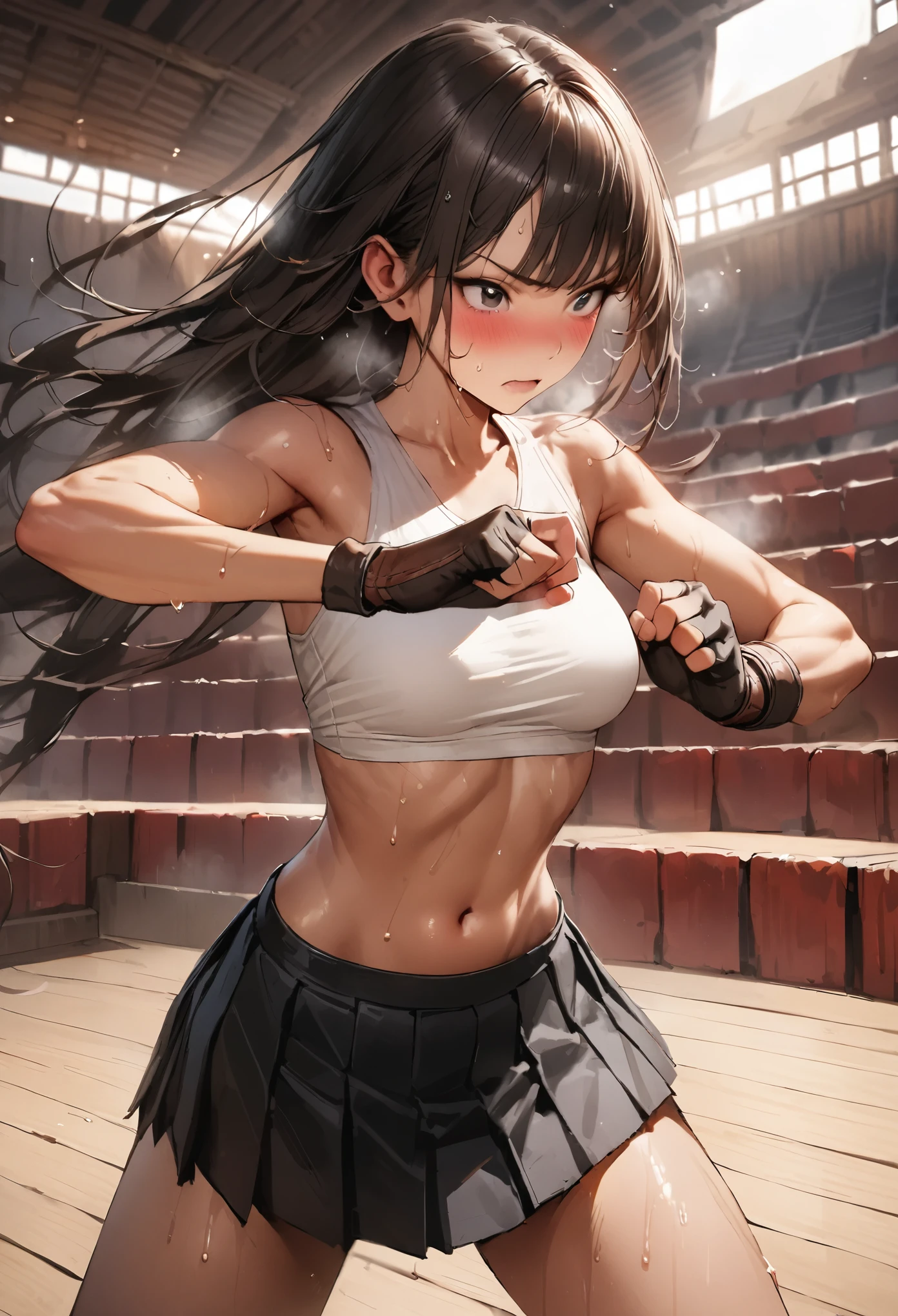(realistic),((masterpiece,Highest quality:1.3,best quality illustration)),cowboy shot,独奏,1woman,18 year old beauty,black hair,long hair,bangs,black eyes,gorgeous big eyes,((very small head:1.3)),blush,((very long body:1.2,skinny)),medium breasts,White tube top shirt、navel、(Black pleated mini skirt),Brown leather fingerless gloves、sweat,in heat,gleaming skin,toned body,slender body、Martial arts stance,standing,Martial Arts Matches、amphitheater、