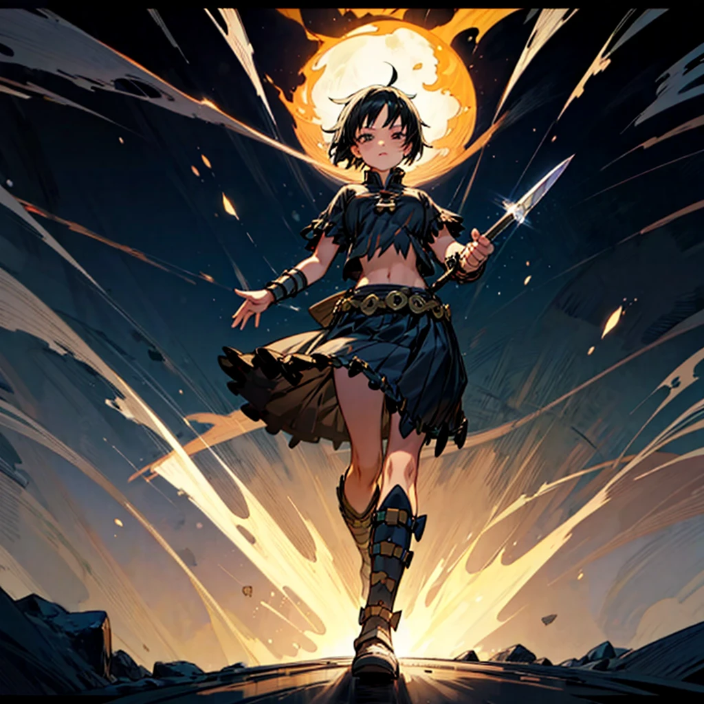 1girl, Full body version, 1character, girl version, black eyes color, short haircut, black colour hair, Ancient Roman style clothing, long skirt, ling boots, small armor body, Grassroots, background in snow, motion blur, (one piece style art), snow, knife in hand, standing gesture, fire, lighting knife, smoke effect, aura effect, lighting moon, Moonlight, fire aura, snow, blue lightning, Silhouette, knife light silhouette, moon 