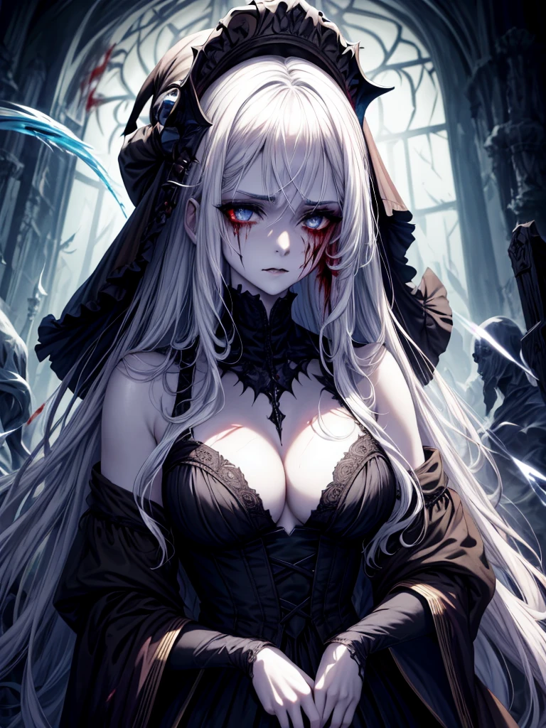 (masterpiece,Highest quality), solo,A white-haired woman is holding a candle,Anime Skull Woman Portrait,Beautiful Necromancer girl,Beautiful girl necromancer,,Smokey, Flowing white hair,Critical Eyes,Pale skin,Black eyeshadow,Black blood and tears,Two fangs exposed,Gothic Girl Anime Characters,Beautiful Necromancer,gothic fantasy art,Dark fantasy art, White-haired God,Retrato de um Female Necromancer,Female Necromancer,Goddess of Death,Dark atmosphere lighting,The light shines,Mysteriouagic,Edge Light, (Blood splatter:1.5)