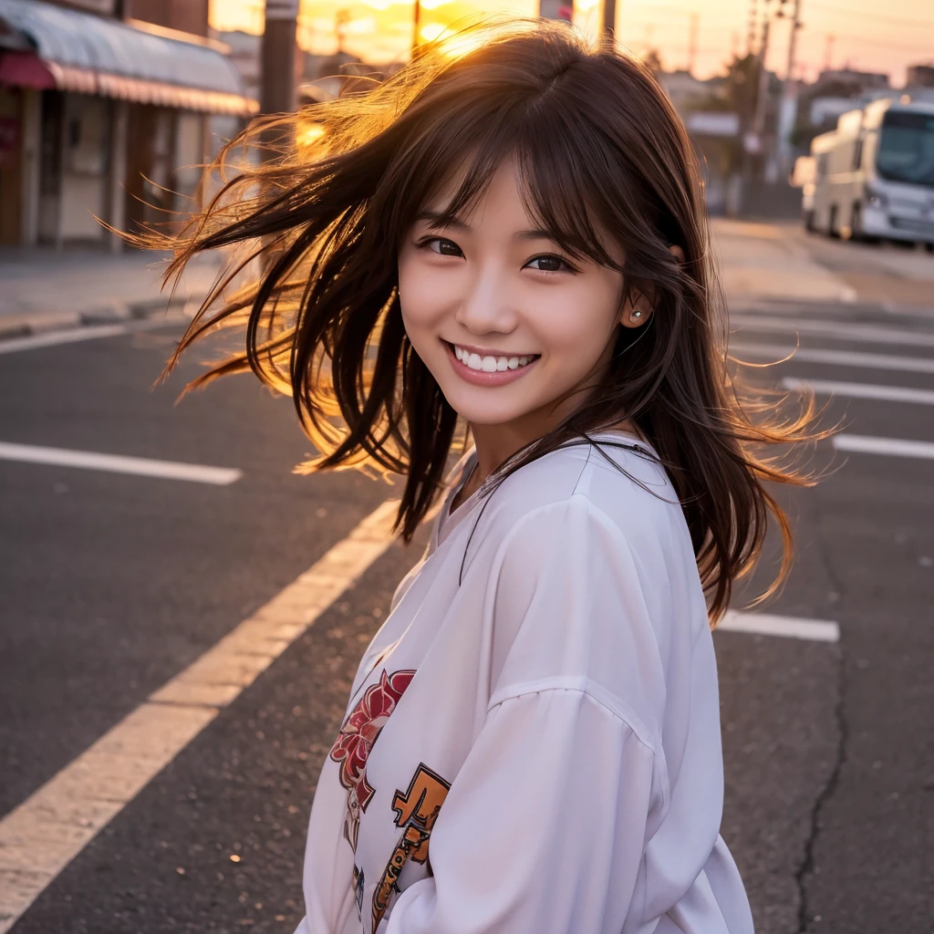 One girl, Self snap)), Wind, Dirty hair, sunset, Streetscape, (Aesthetics and atmosphere:1.2),smileの美しい女性、、Ultra HD、Japanese、One woman around 20 years old、Brown Hair、smile、((Smiling with white teeth))、