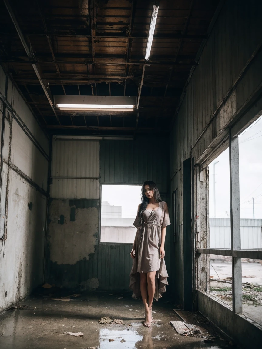 "Oki Setiana Dewi" wear loose dirty house dress, abandoned warehouse, cinematic vibe,