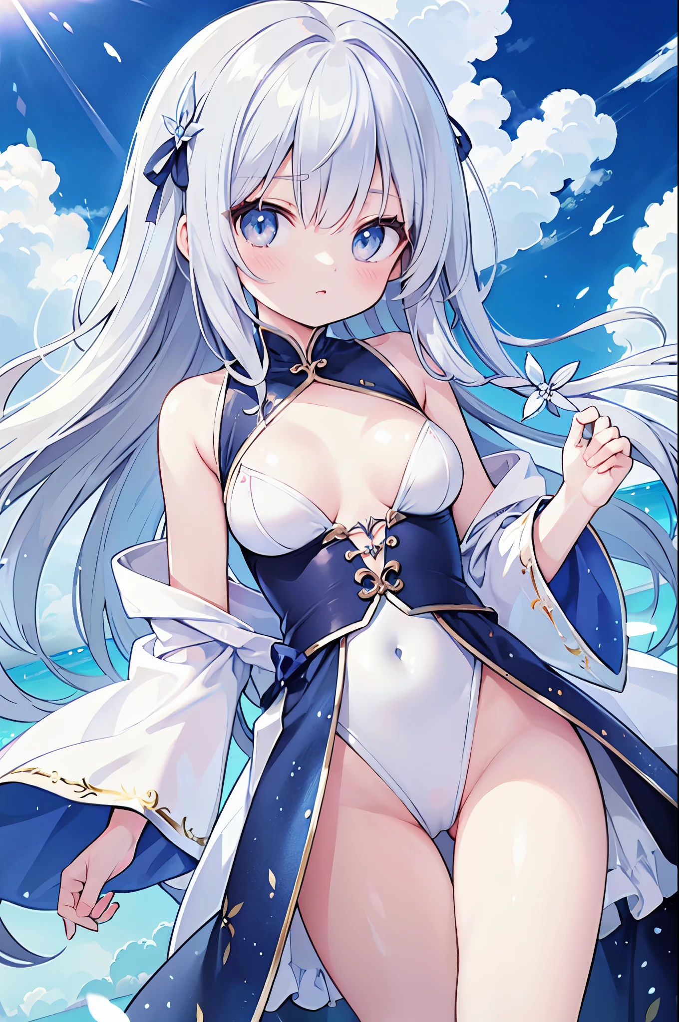 (Highest quality)、((Super detailed))、(Ultra delicate)、Cute  girl、Silver Hair、A heavenly maiden in a very thin feather robe、Beautiful breasts、Beautiful thighs、blue sky