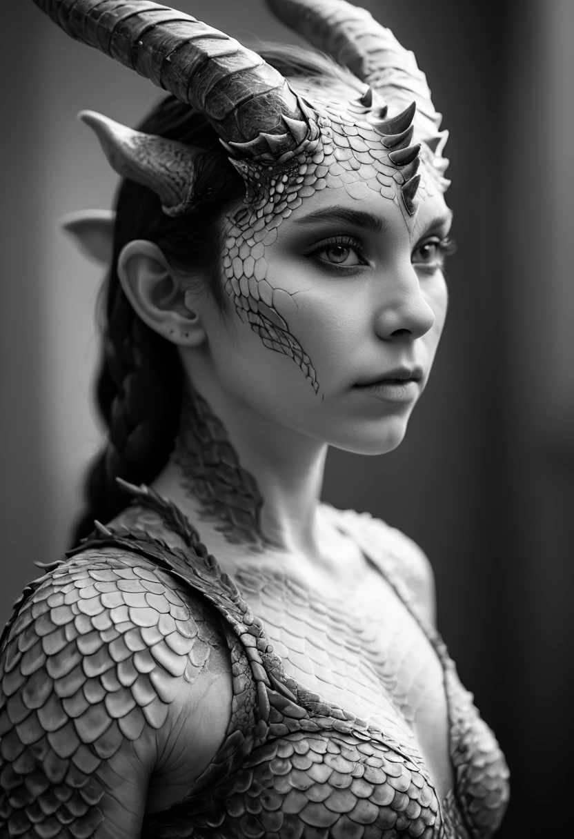 face portrait of a beautiful artdrgn woman with scales as skin, horns, shallow depth of field, blurry background, monochrome, highly detailed, strong shadows,
 