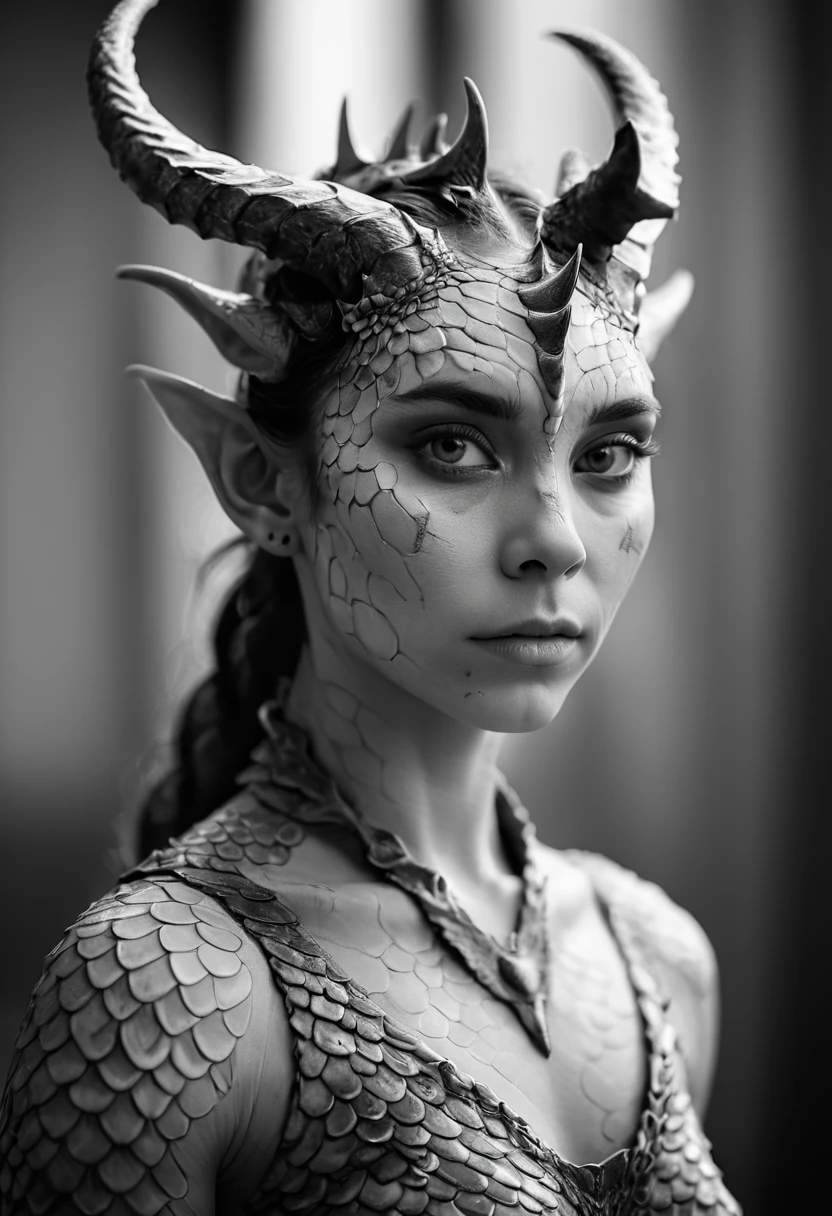 face portrait of a beautiful artdrgn woman with scales as skin, horns, shallow depth of field, blurry background, monochrome, highly detailed, strong shadows,
 