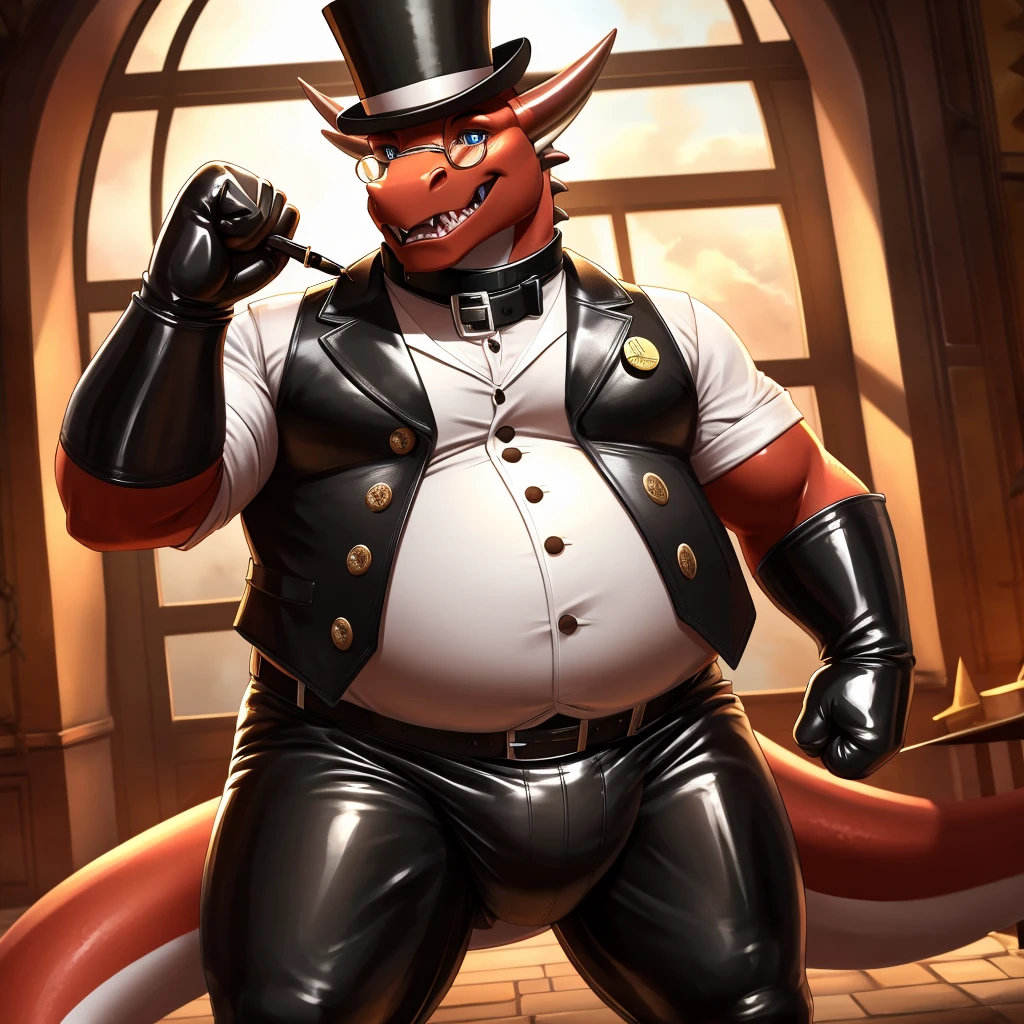 Solo, Male, fat, extremely obese, gentleman, dapper Professor Dragon, blue eyes, (posing:1.3), (soft shading), 4k, hi res, ((detailed face, detailed)), looking at viewer, mouth wide open, steampunk, collared shirt with buttons, top hat, male focus, Explorer Outfit, glasses, monocle, vest with buttons, sleeves rolled up, round eyewear, brown headwear, brown vest, Dragon is wearing a glossy leather dog collar around the neck, Dragon is wearing the leather collar and shirt and vest at the same time, Dragon is wearing glossy white rubber gloves on the hands, wearing white rubber gloves on the feet, gloves are rubber in texture, clenching teeth, clenching fists, leather collar is glossy and shiny with a lot of detail, Dragon is wearing gloves and leather collar at the same time, leather collar has a round dog-tag, leather collar is thick and detailed, leather collar is glossy and shiny, fancy clothing, dapper vest, dapper shirt, leather collar is thick, glossy leather collar, Dragon is wearing a diaper