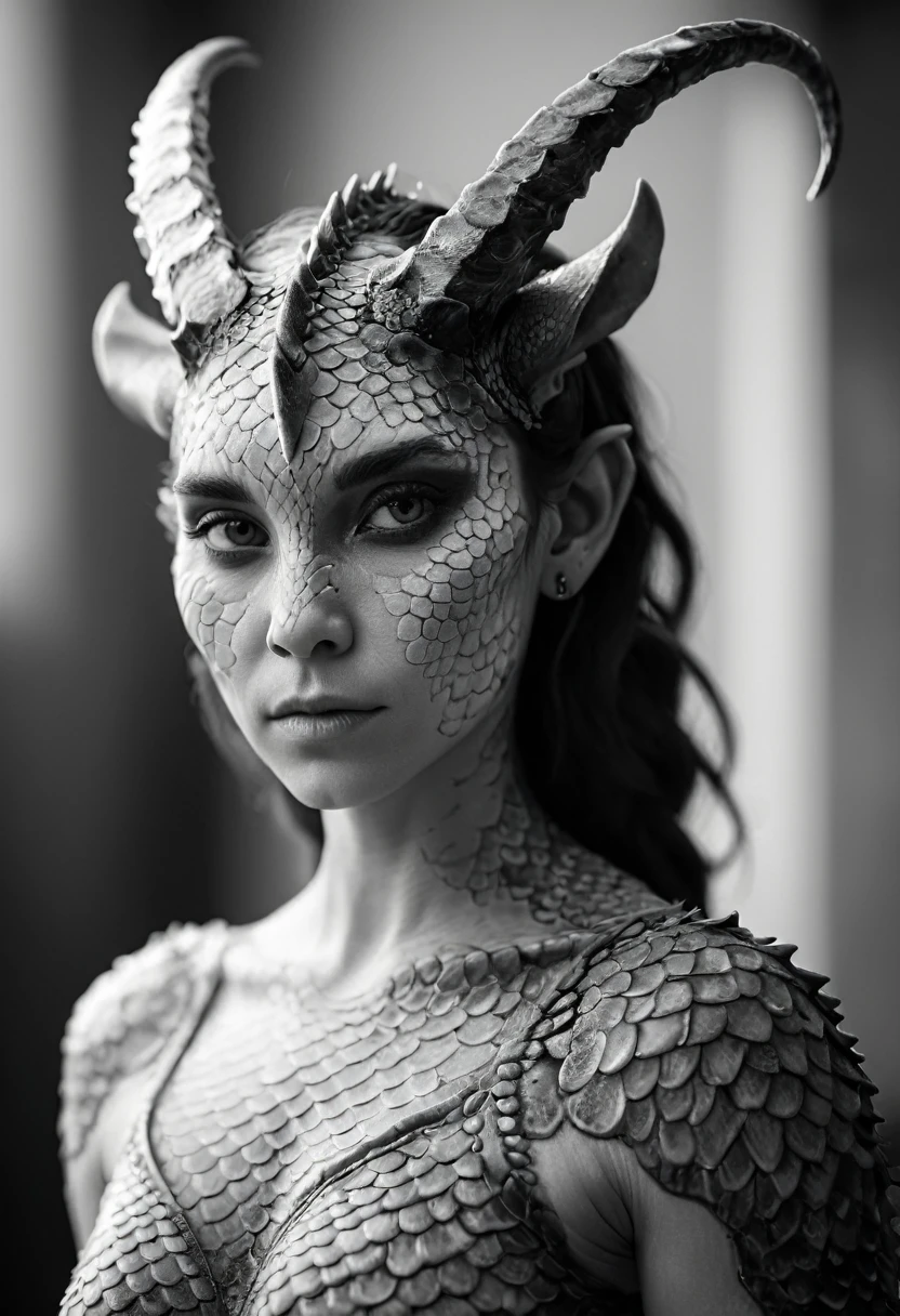 face portrait of a beautiful artdrgn woman with scales as skin, horns, shallow depth of field, blurry background, monochrome, highly detailed, strong shadows,
 